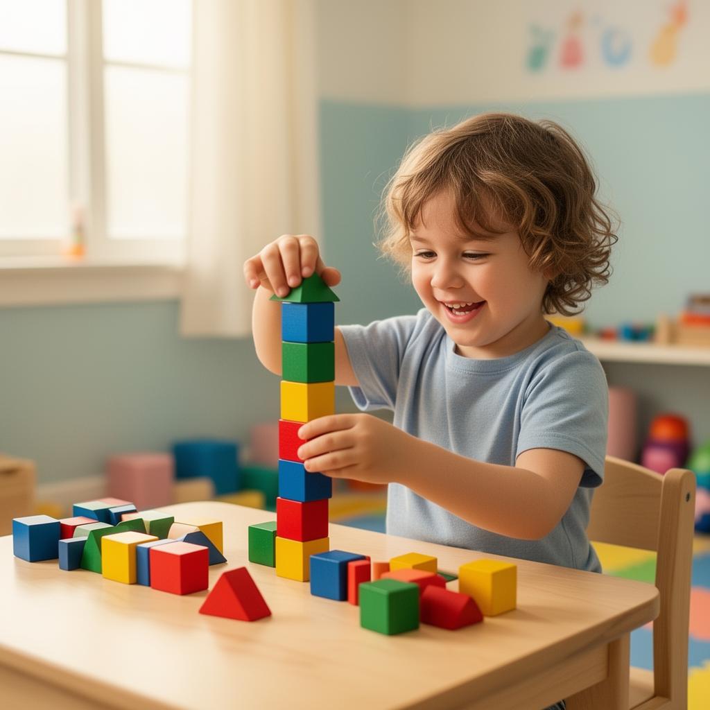 Child practicing fine motor skills with colorful blocks