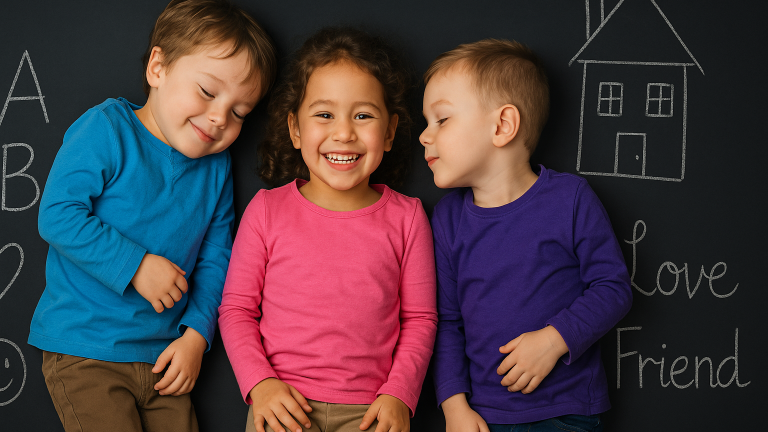 Happy kids in colorful clothes on a blackboard with childlike chalk art and playful doodles