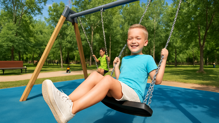 Young boy swinging joyfully at a public park playground